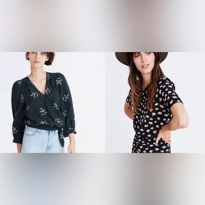 Madewell bundle 100% silk XXS green floral wrap & black daisy Tee Top blouse